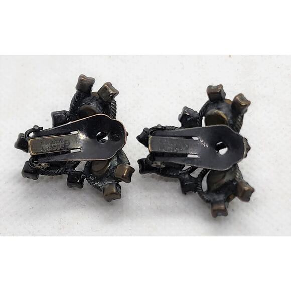 Earrings-Clip On-Vintage Joseph Warner-Black Metal-Dark Rhinestones - Picture 2 of 10